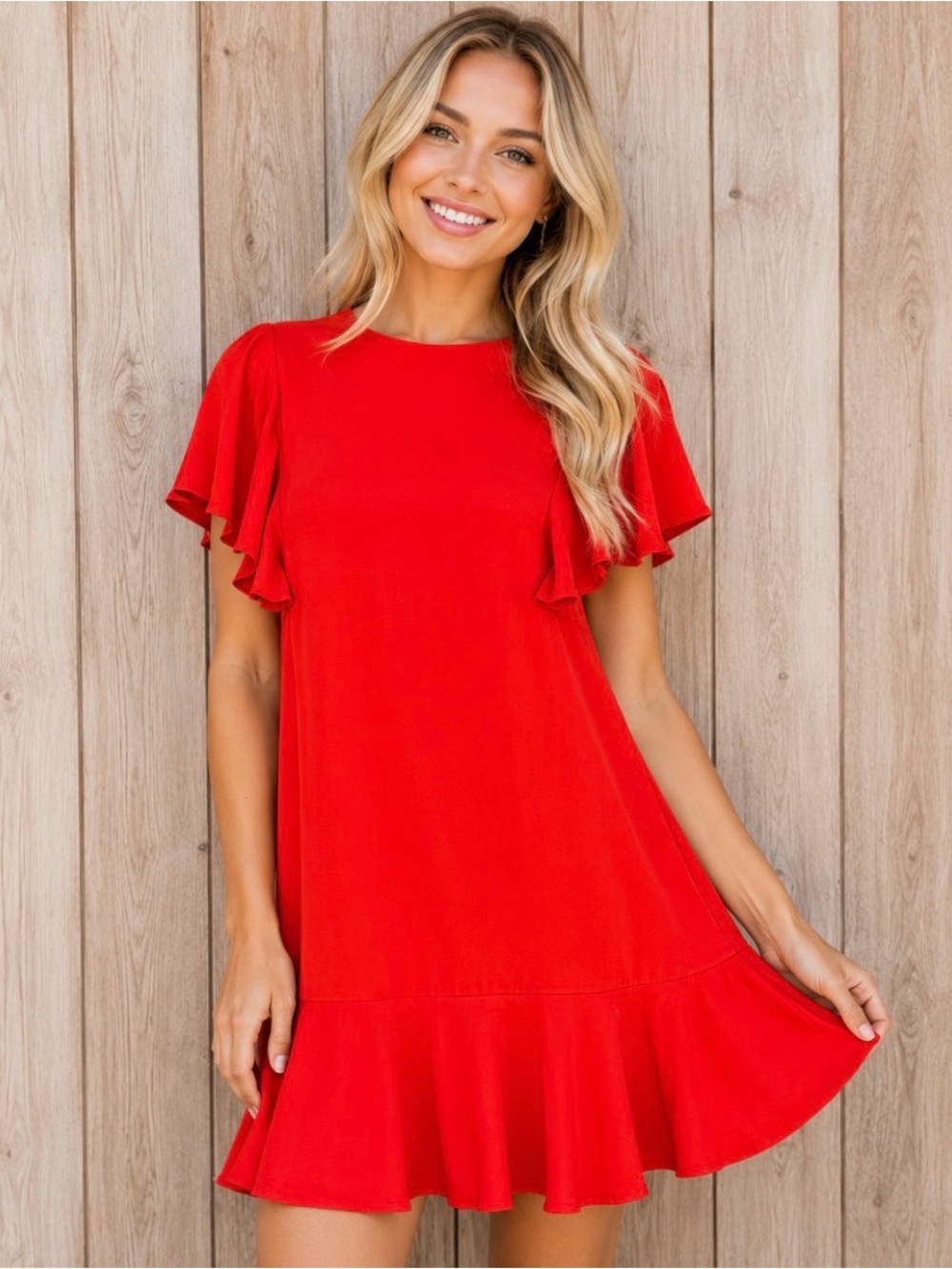 Lucy Wang Red Flutter Sleeve Ruffle Hem Mini Shift Dress Size S
